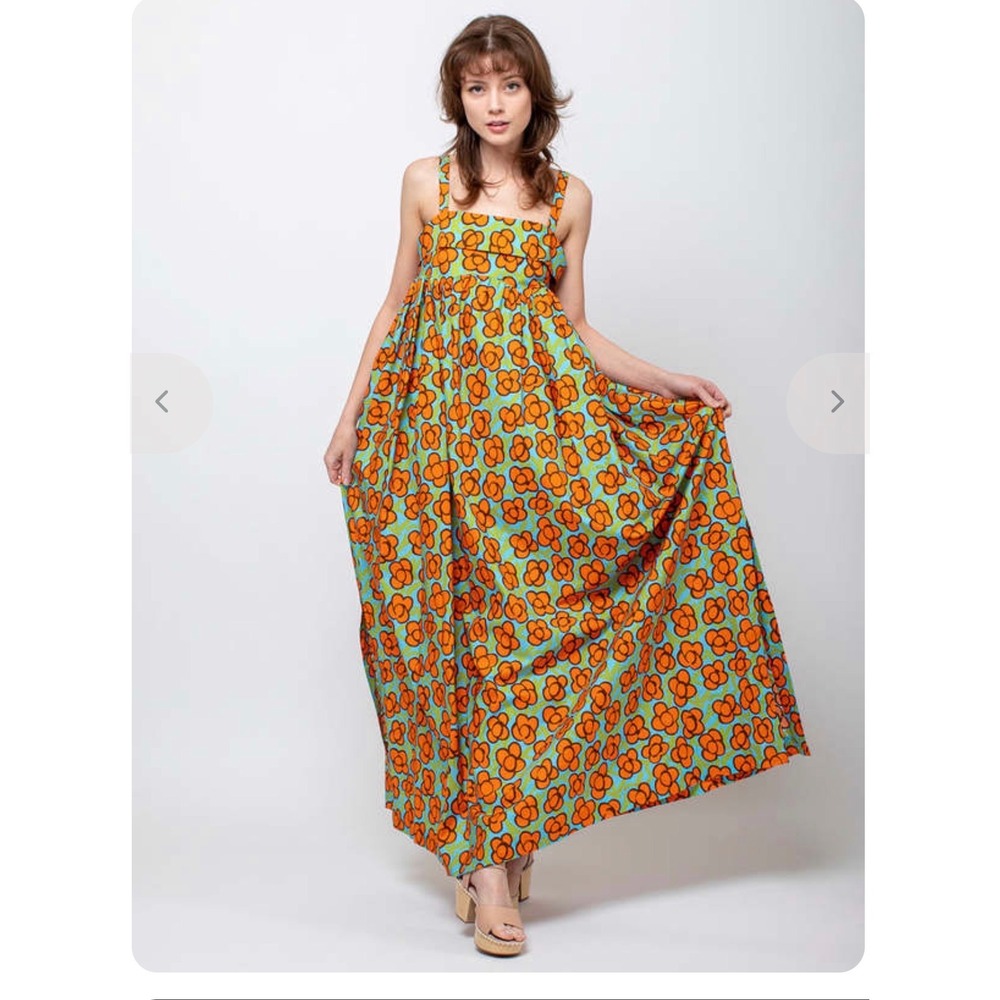 ODEEH Womens Floral Cotton Maxi Dress Blue Purple Yellow Square Neck Pockets 40
